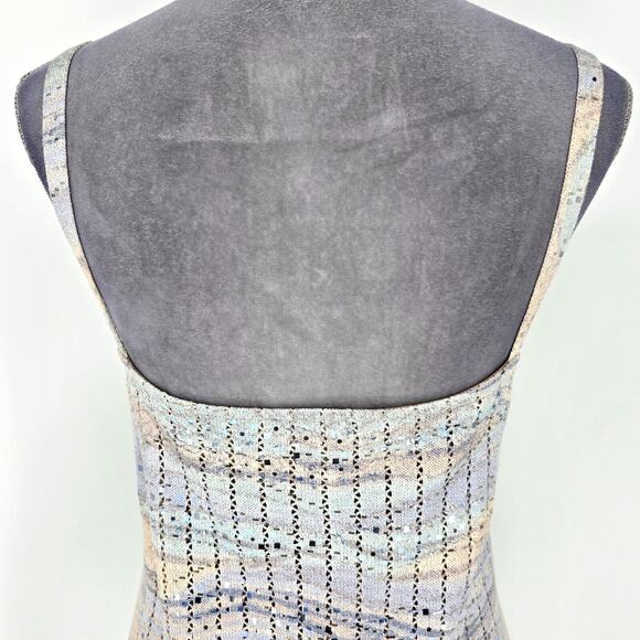 St John Evening Dress Womens 12 Beige Blue Sweater Stretch Knit Zipper Sequins - Picture 10 of 13